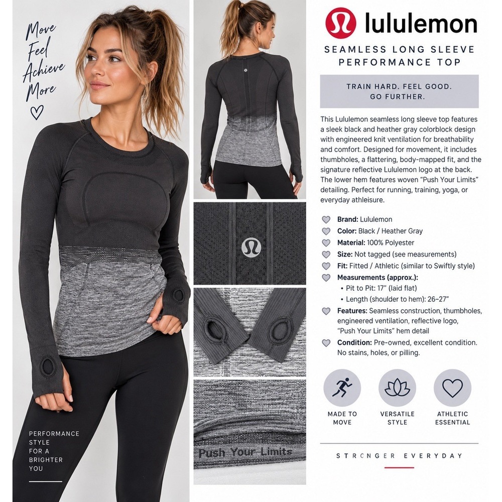Lululemon Women Swiftly Seamless Running Top Ombre Black Gray Thumbholes M